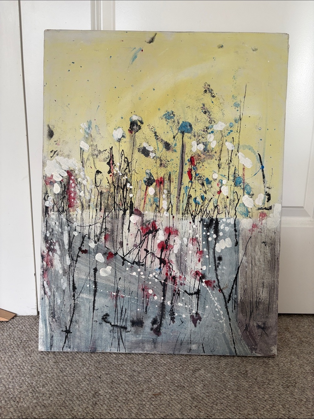 Abstract Canvas Art in Yellow, Blue and White